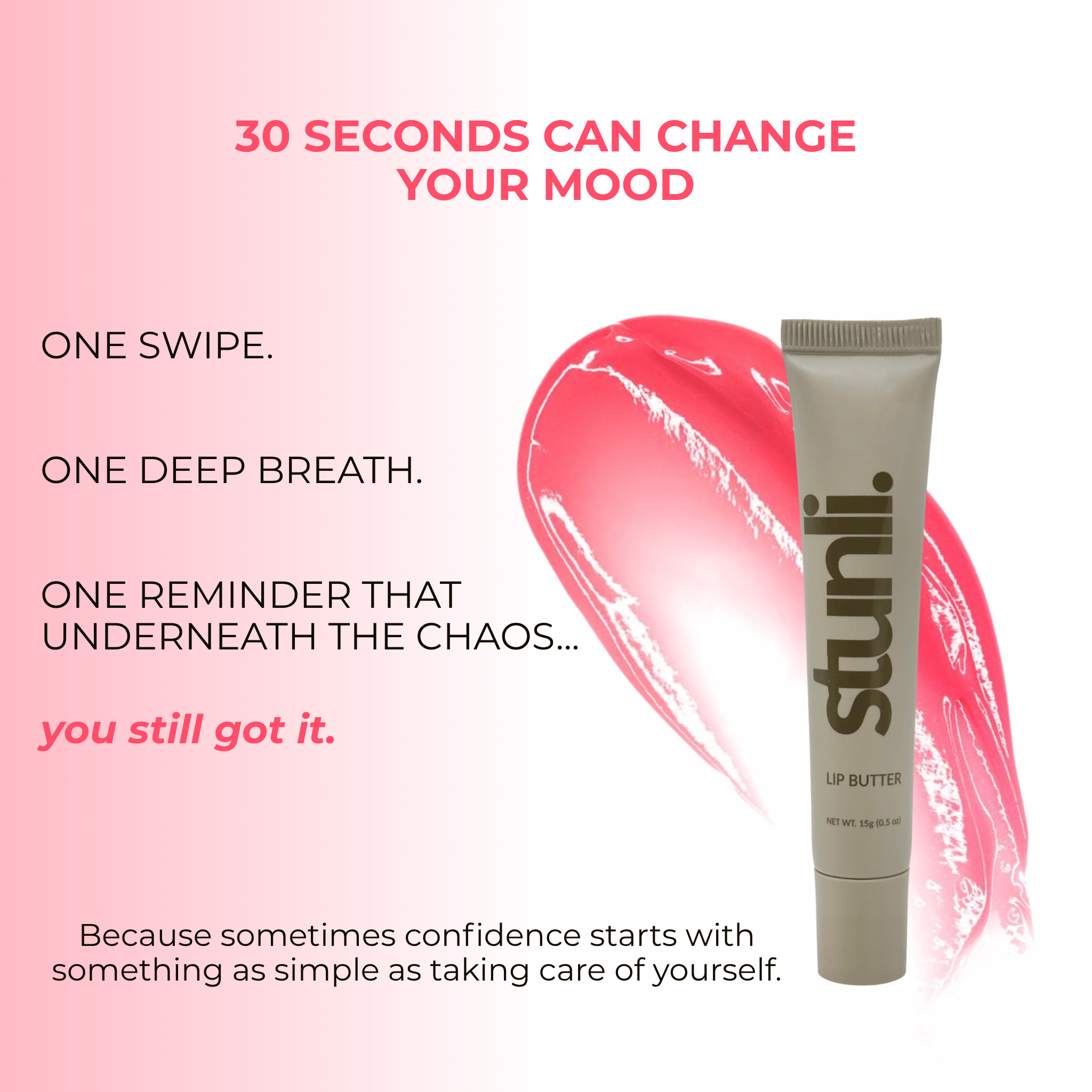 A lip butter tube stands on a white background with a pink lipstick smear behind it. The tube is light gray with dark brown text reading &