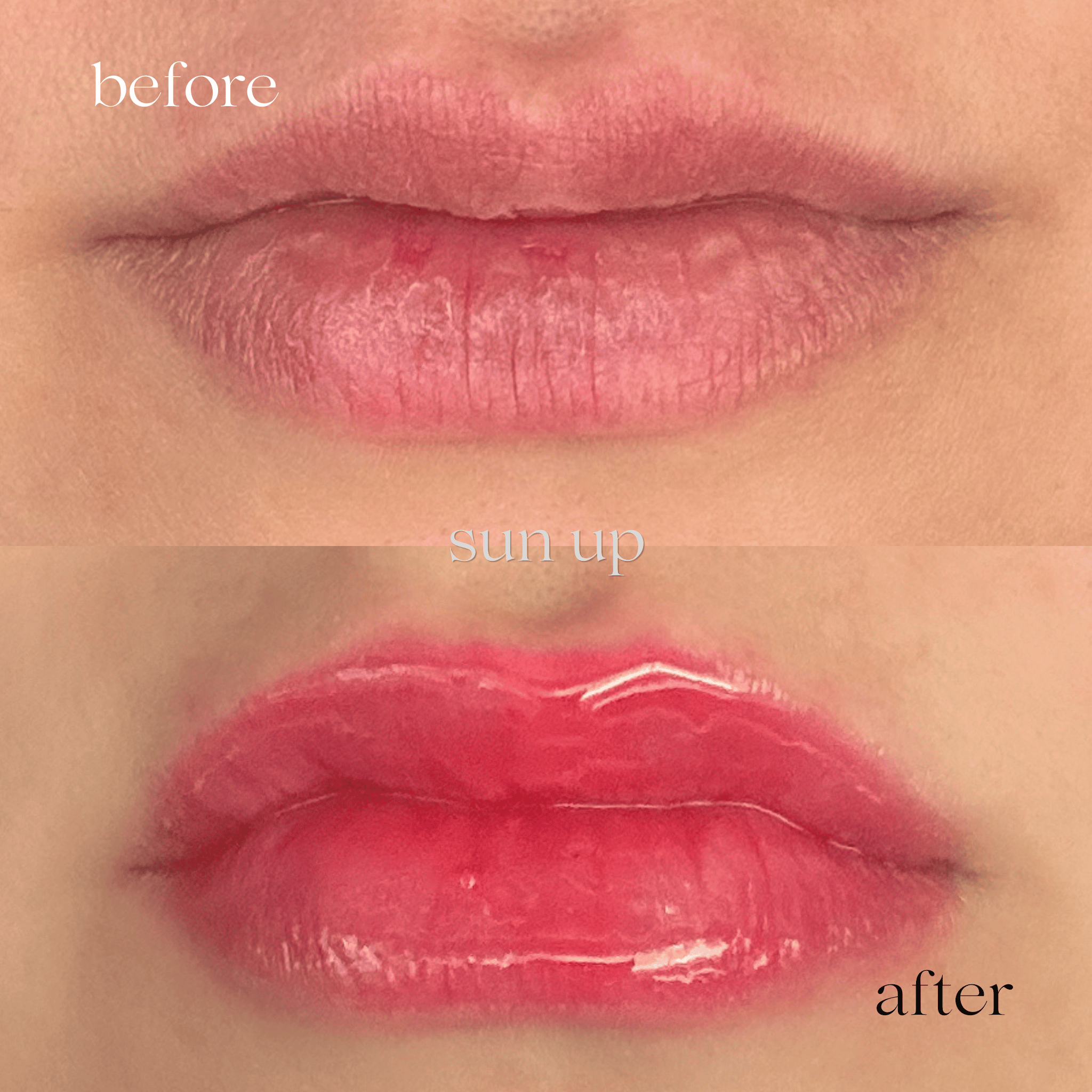 Before and after close-up of lips showing a lip color product result. The top labeled &