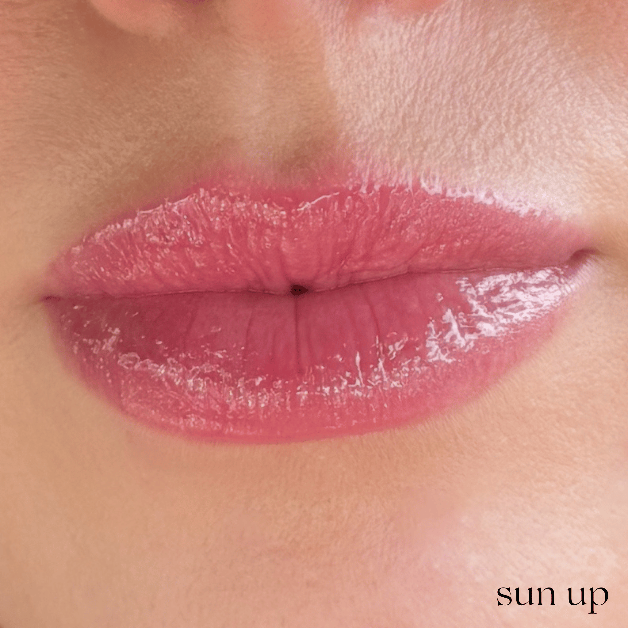 Close-up of glossy pink lips with the text &