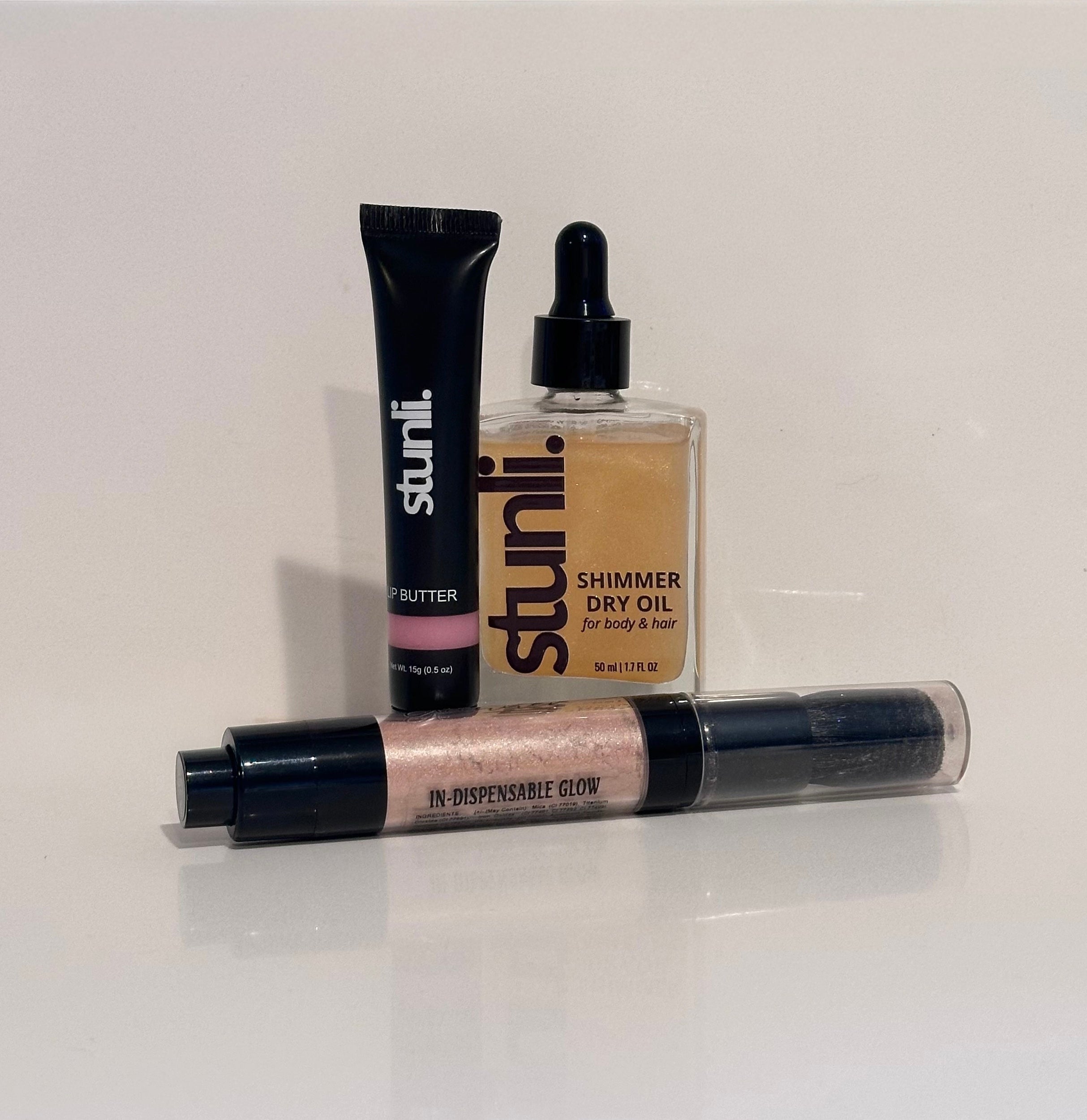 Three Stunli beauty products on a white surface