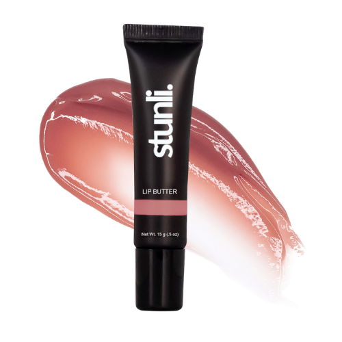 A tube of Stunli Lip Butter with a pinkish tint next to its product name and weight indication.