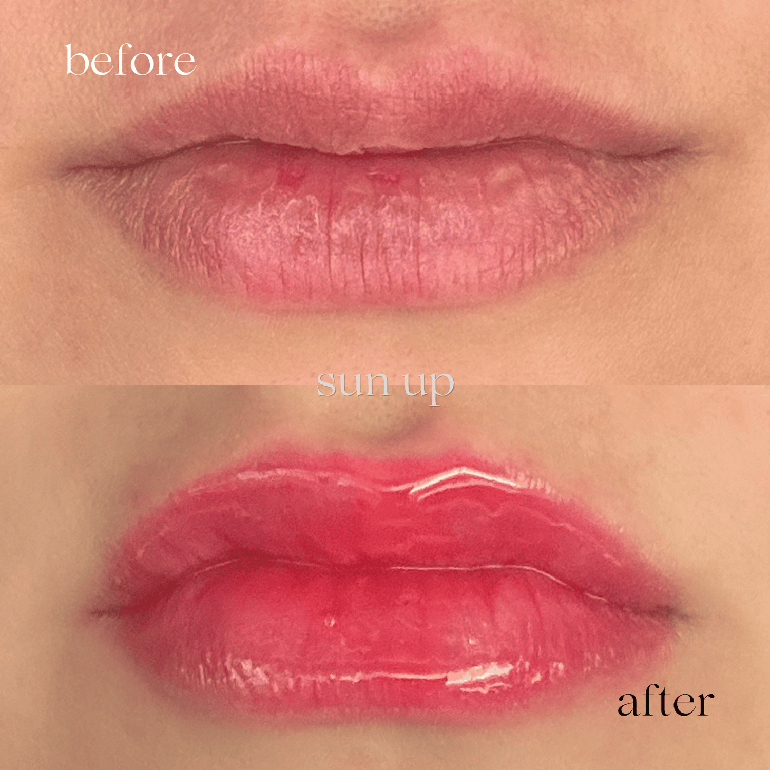 Before and after close-up of lips showing a lip color product result. The top labeled &