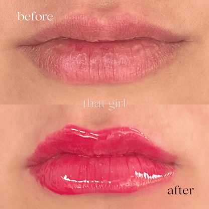 Before and after close-up of lips showing a lip product application. The top labeled &