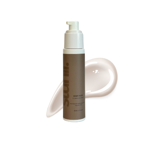 Skincare product with pump bottle and spreadable texture on white background